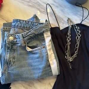 Zara Baggy Blue Jeans with side White Stripe